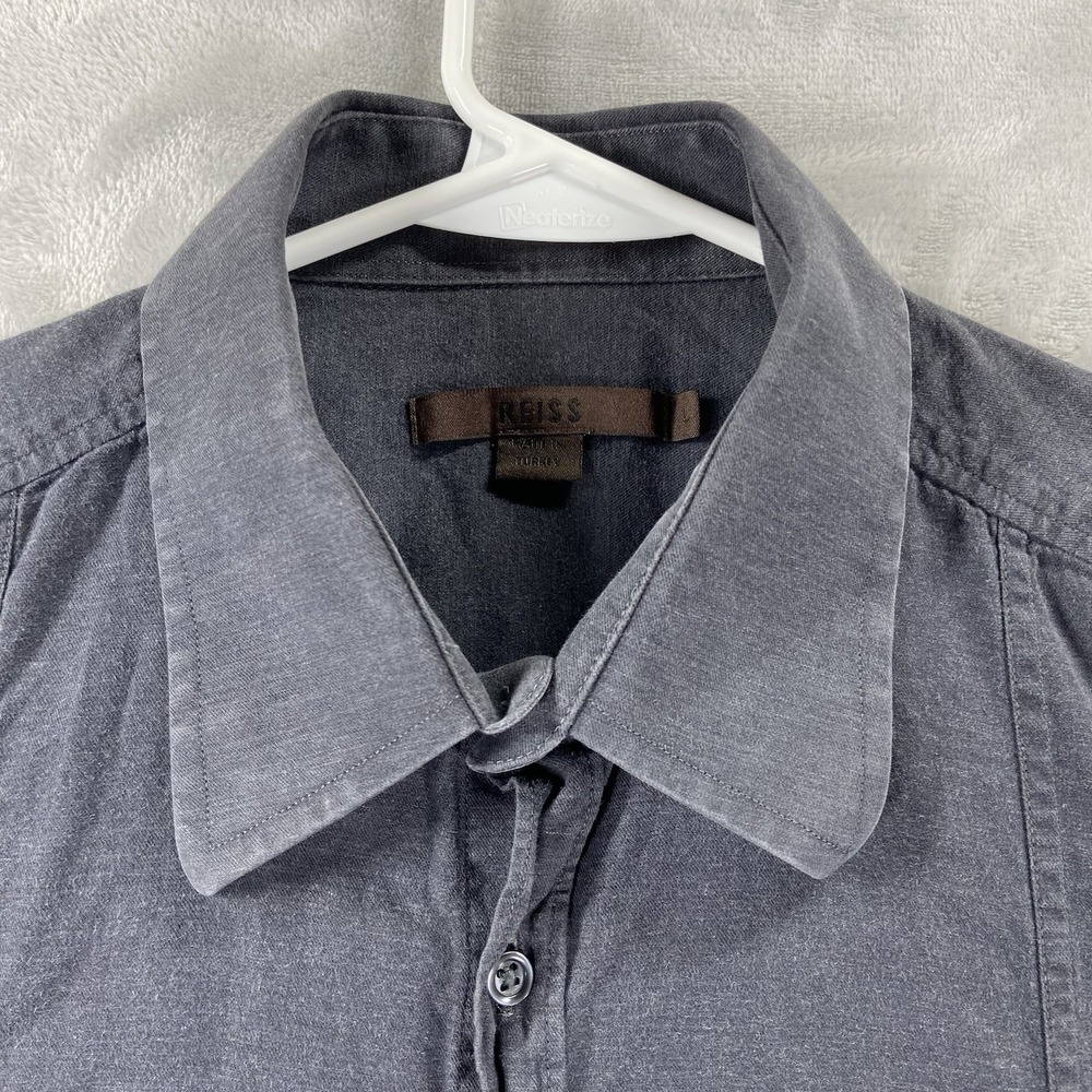 Reiss Shirt men's Large Button Up Dark Gray Faded Casual Cotton Flap Pockets - Picture 3 of 12